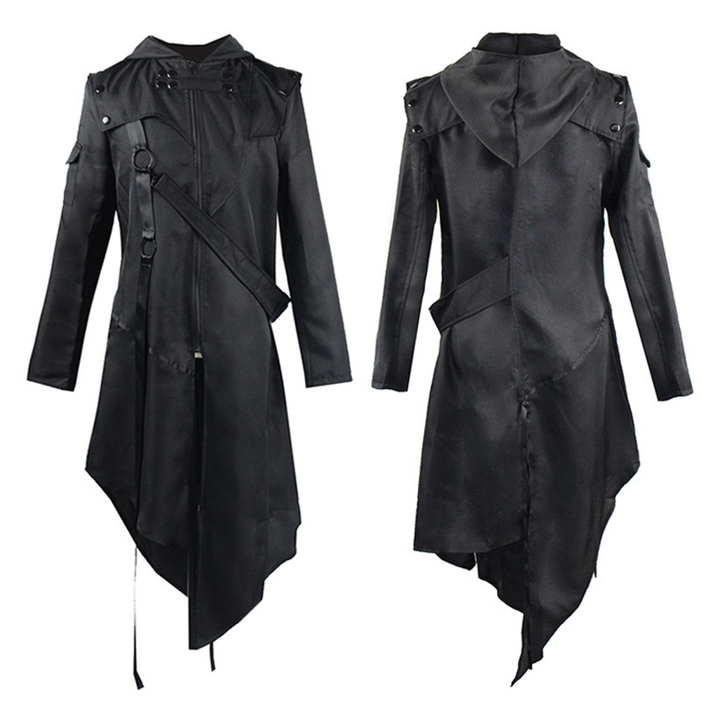 Men's Steampunk Trench Coat Gothic Long Cosplay Black Jacket Halloween Costume