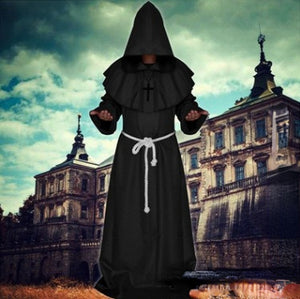 Men Medieval Friar Hooded Robe Monk Cross Necklace Renaissance Halloween Costume