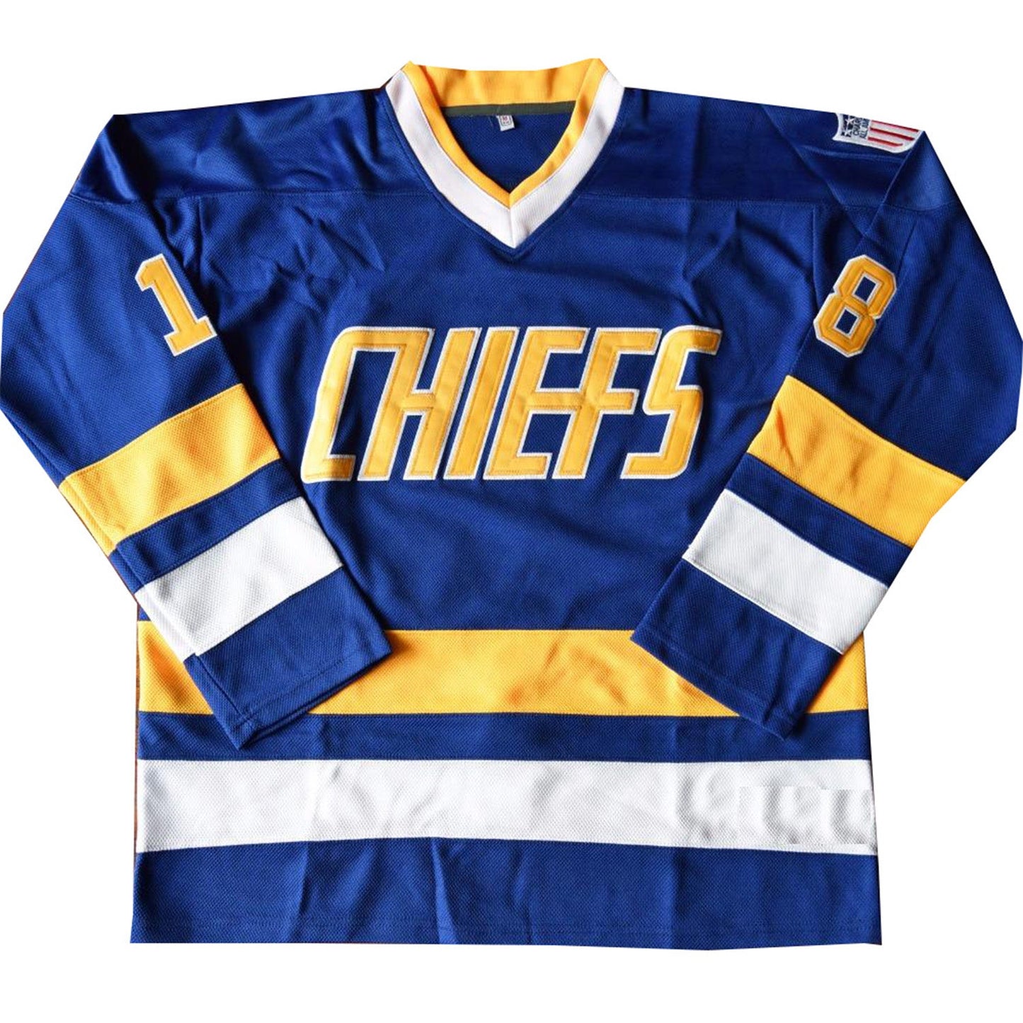 SLAPSHOT Hanson #18 Charlestown Chiefs Hockey Team Madbrother Hockey Jersey Blue And White Colors