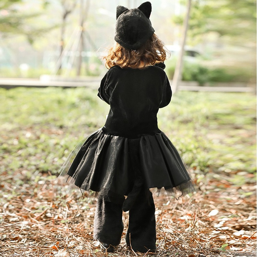 Girls Black Cat Costume Animal Zoo Party Kids Halloween Full Set Fancy Dress