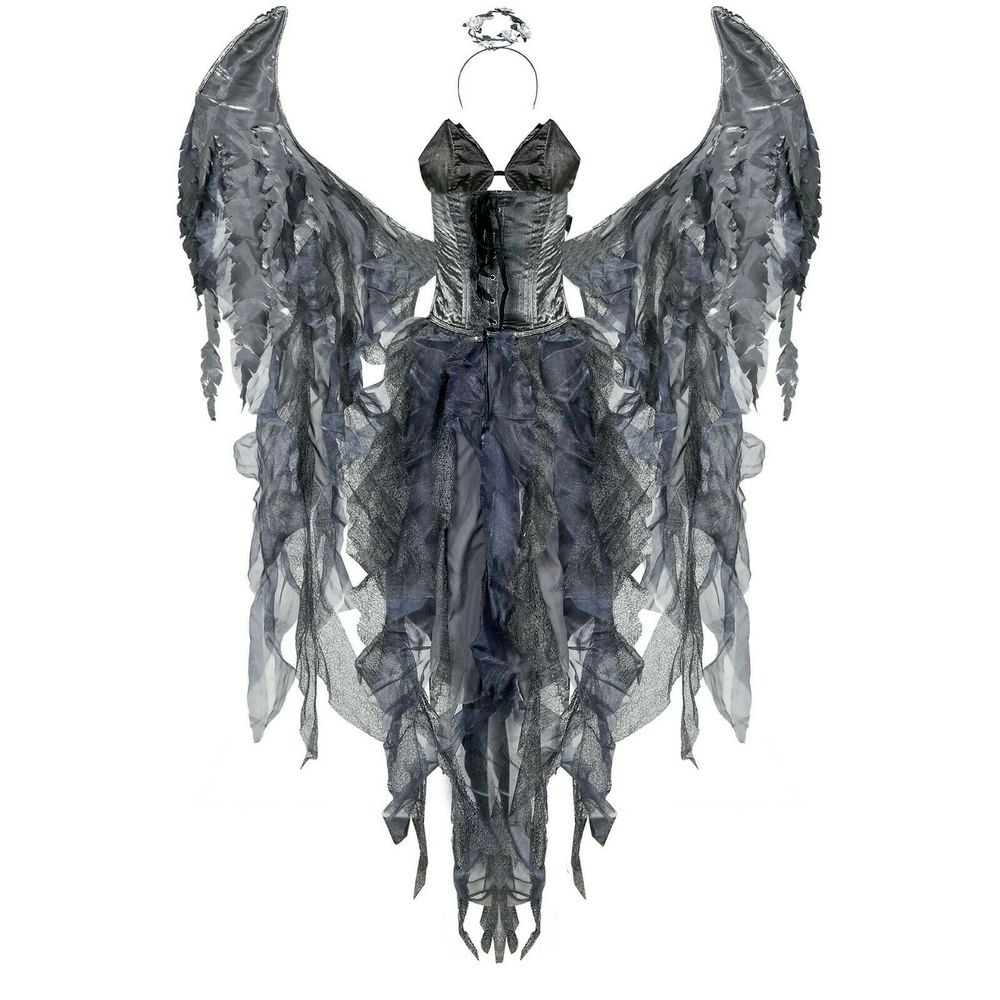 Womens Fallen Angel Costume Adult Sexy Halloween Fancy Dress Wings Halo Outfit