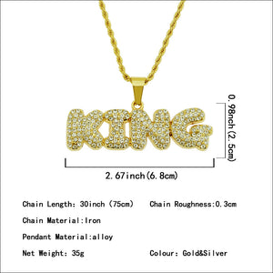 Hip Hop Men's Diamond Letter King Pendant Necklace Jewelry