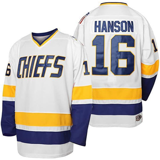 SLAPSHOT Jack Hanson #16 Charlestown Chiefs Hockey Team Madbrother Hockey Jersey Blue And White Colors