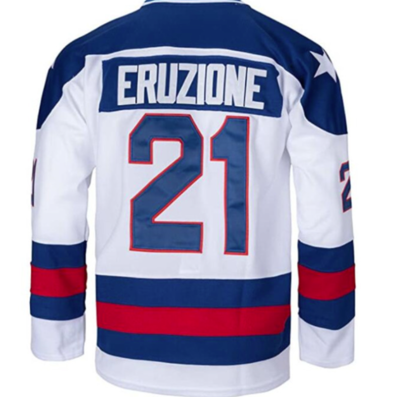 #21 Mike Eruzione 1980 Miracle On Ice USA Hockey Jersey WHITE and Blue S-2XL