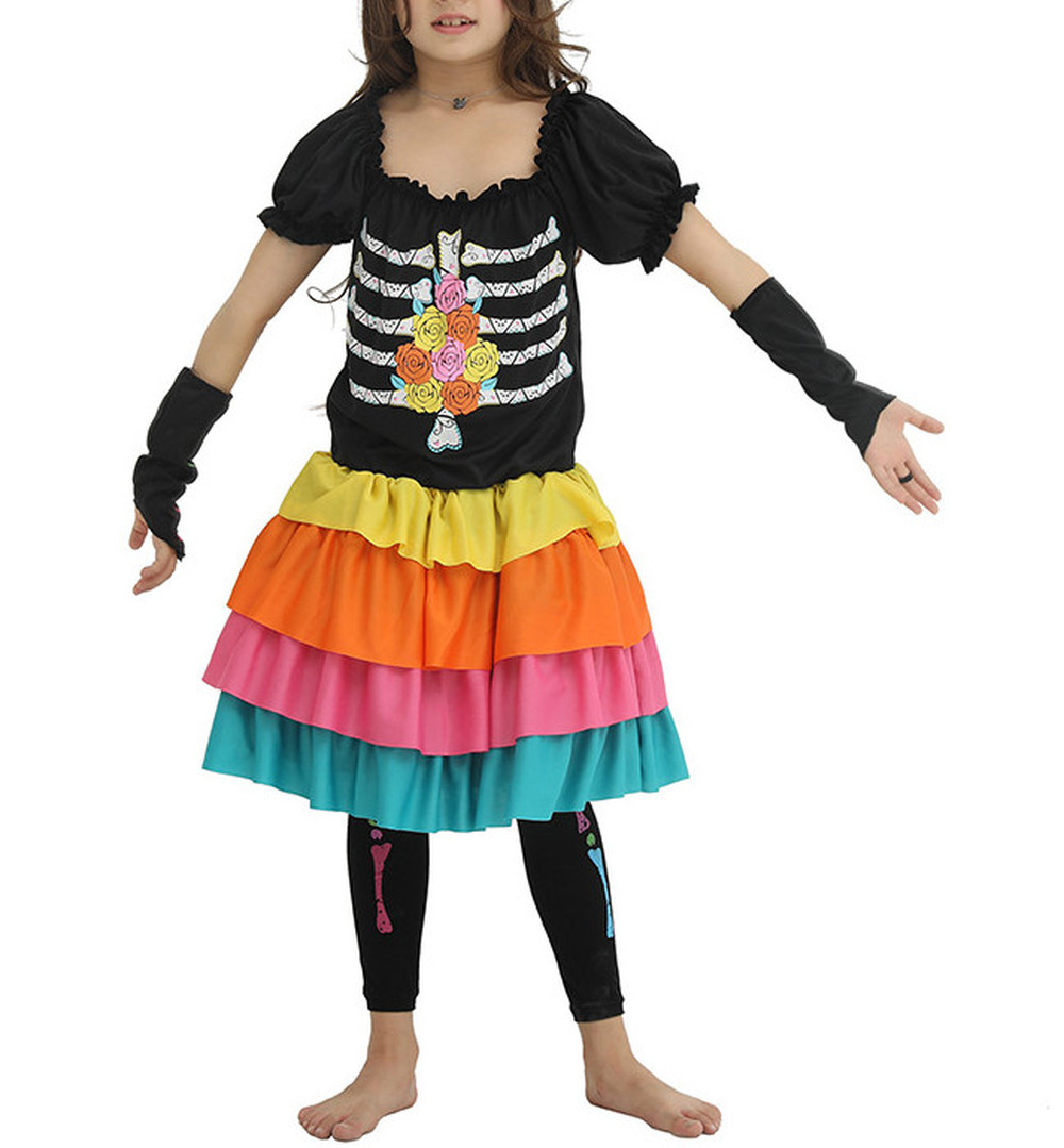 Girls Skeleton Skull Costume Cosplay Fancy Dress Halloween Party Outfit Full Set