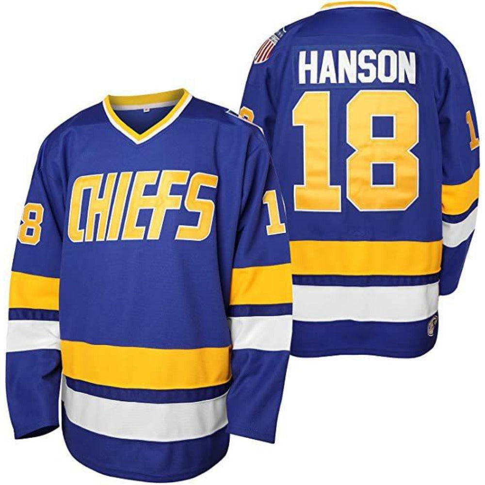 SLAPSHOT Hanson #18 Charlestown Chiefs Hockey Team Madbrother Hockey Jersey Blue And White Colors