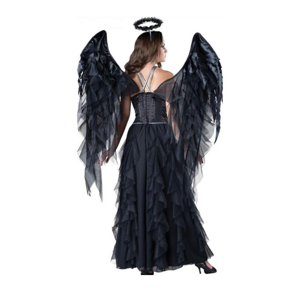 Dark Angel Costume Adult Fallen Angel Women Halloween Fancy Dress with Wings and Halo