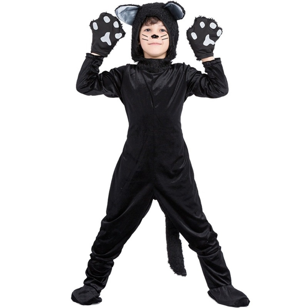 Kids Black Cat Costume Animal Zoo Party Boys Girls Jumpsuit Halloween Cosplay