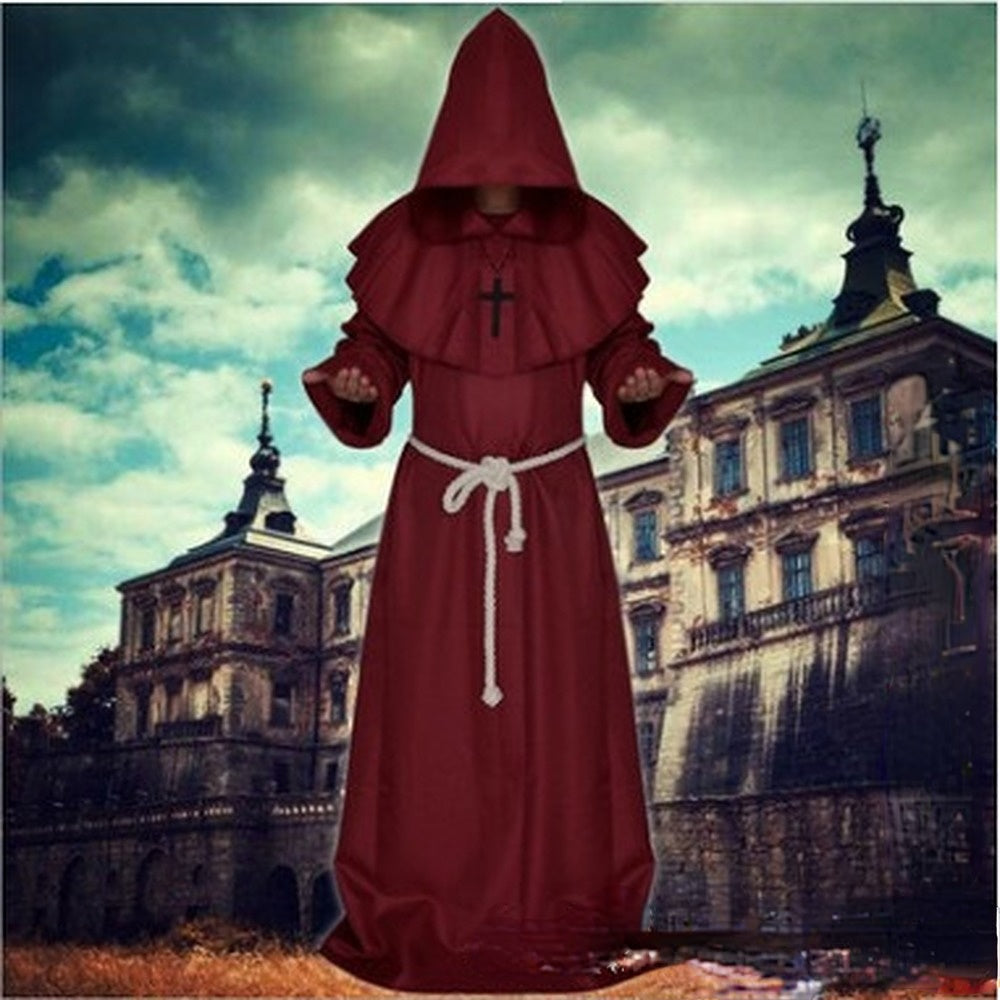 Men Medieval Friar Hooded Robe Monk Cross Necklace Renaissance Halloween Costume