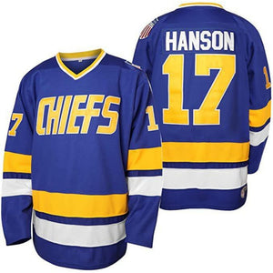 SLAPSHOT Hanson #17 Charlestown Chiefs Hockey Team Madbrother Hockey Jersey Blue And White Colors