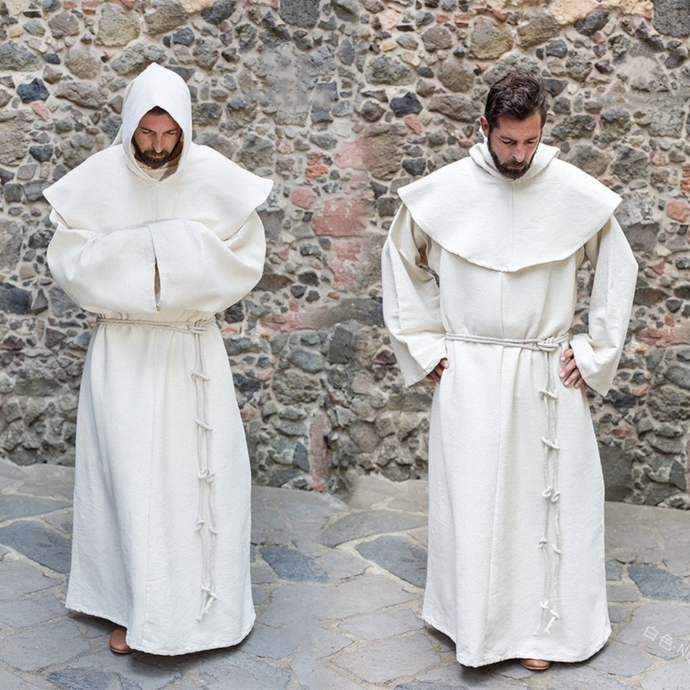 Mens Medieval Friar Hooded Robe Monk Renaissance Costume Halloween Cosplay S-4XL