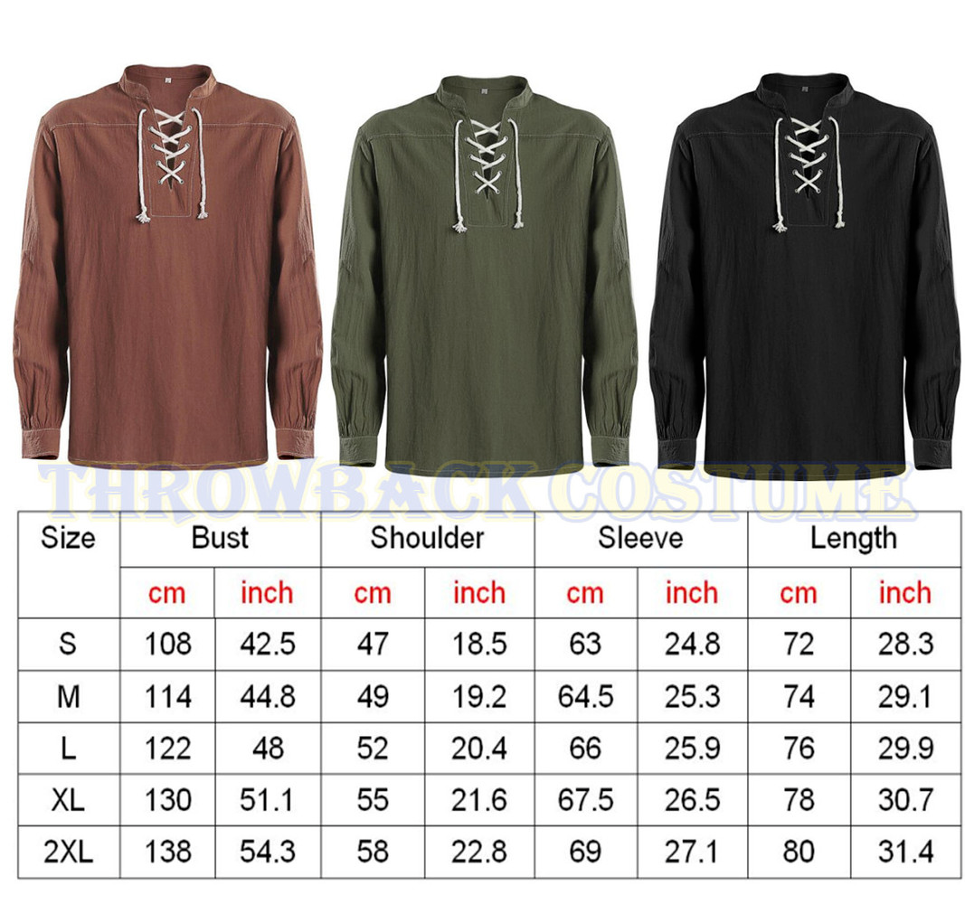 Mens Pirate Renaissance Viking Steampunk Medieval Gothic Shirt Long Sleeve Tops