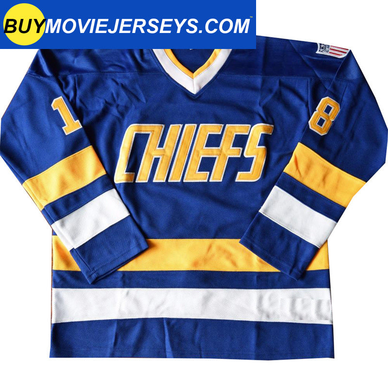 SLAPSHOT Hanson #18 Charlestown Chiefs Hockey Team Madbrother Hockey Jersey Blue And White Colors