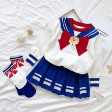 Load image into Gallery viewer, Girls Navy Sailor Costume Long Sleeve Knit School Uniform + Stockings