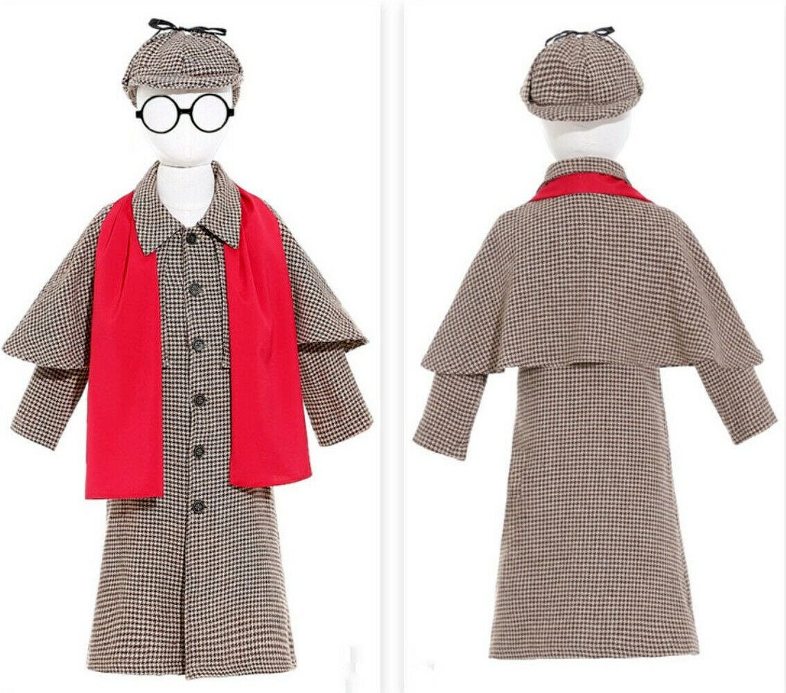 Child Detective Costume Boys Girls Book Week Cosplay Coat + Hat + Glasses