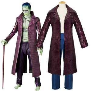 Mens Joker Costume Suicide Squad Halloween Faux Leather Trench Coat Jacket