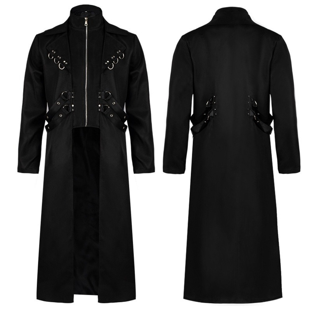 Men’s Gothic Steampunk Long Trench Coat Jacket Double Breasted Zipper Punk Tops Cosplay Medieval Costume Black