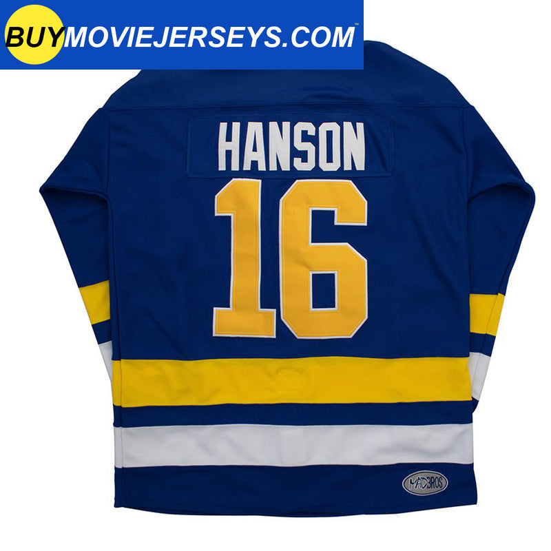 SLAPSHOT Jack Hanson #16 Charlestown Chiefs Hockey Team Madbrother Hockey Jersey Blue And White Colors