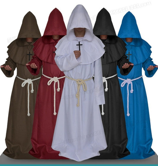 Men Medieval Friar Hooded Robe Monk Cross Necklace Renaissance Halloween Costume