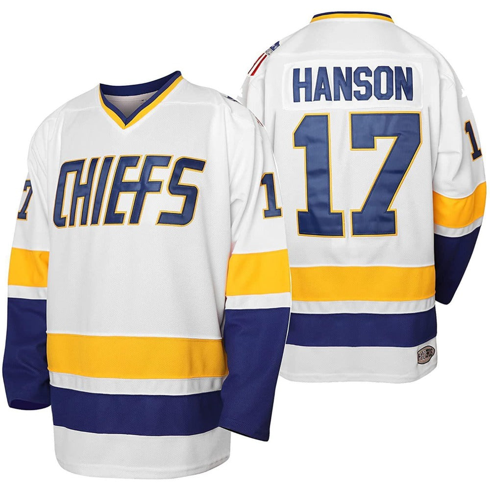 SLAPSHOT Hanson #17 Charlestown Chiefs Hockey Team Madbrother Hockey Jersey Blue And White Colors