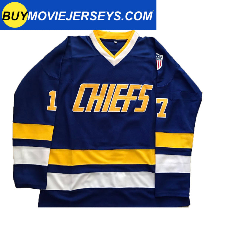 SLAPSHOT Hanson #17 Charlestown Chiefs Hockey Team Madbrother Hockey Jersey Blue And White Colors