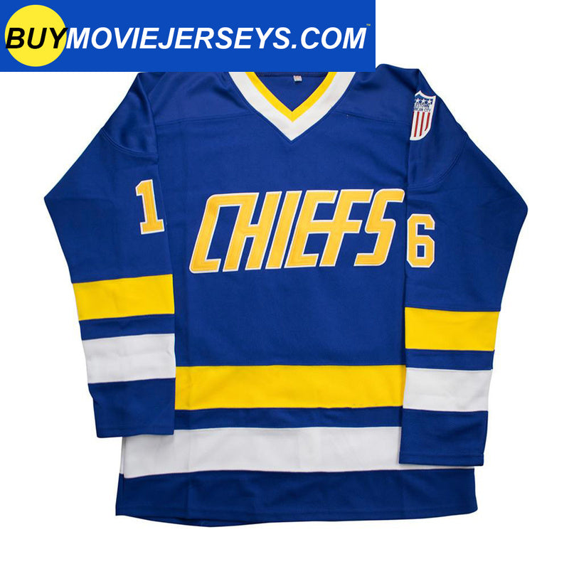 SLAPSHOT Jack Hanson #16 Charlestown Chiefs Hockey Team Madbrother Hockey Jersey Blue And White Colors