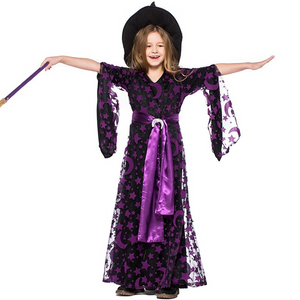 Girls Witch Costume Halloween Party Kids Deluxe Wizard Queen Fancy Dress Outfit