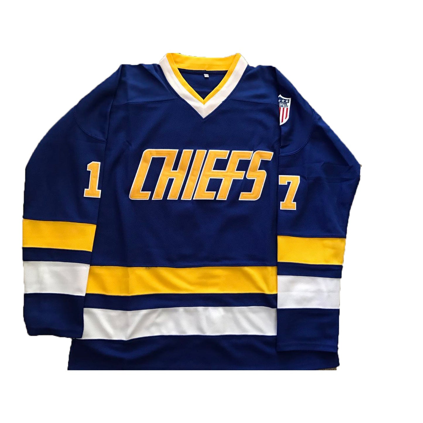 SLAPSHOT Hanson #17 Charlestown Chiefs Hockey Team Madbrother Hockey Jersey Blue And White Colors