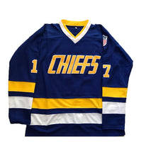 Load image into Gallery viewer, SLAPSHOT Hanson #17 Charlestown Chiefs Hockey Team Madbrother Hockey Jersey Blue And White Colors